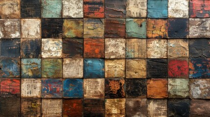 Weathered Mosaic of Multicolored Vintage Metal Tiles Mounted on an Outdoor Wall