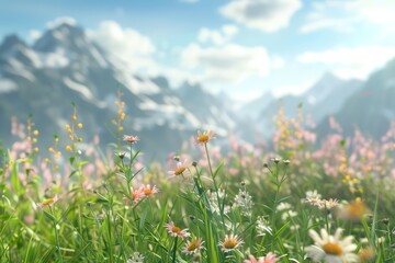 Obraz premium meadow with flowers and mountain background