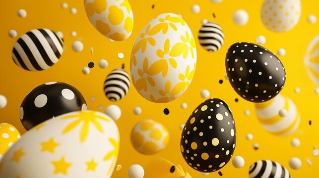 Floating Black and White Easter Eggs on Yellow