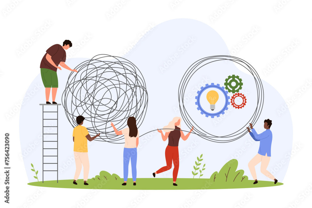 Poster solve complex difficult problem by simplification way, psychotherapy. tiny people untangle chaos and