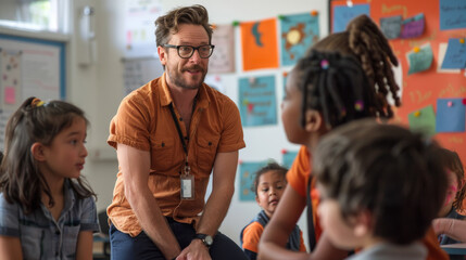 A teacher is sitting with a group of children in a classroom. The teacher is wearing an orange shirt and glasses. Scene is educational and friendly