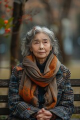 Elegant elderly Asian woman on a bench in nature, lonely woman