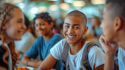 Group of happy teenagers socializing in a restaurant. - obrazy, fototapety, plakaty