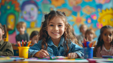 A smiling young girl in a classroom setting