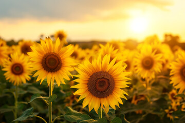Obraz premium sun is setting behind a field of sunflowers