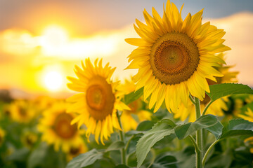 sun is setting behind a field of sunflowers