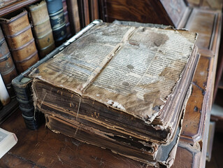 Antique Tattered Book Open on a Wooden Desk in a Vintage Library, worn tattered rare book, Latin text 