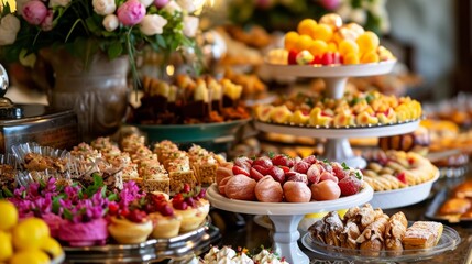 Luxury Hotel Easter Brunch Buffet with Gourmet Desserts - obrazy, fototapety, plakaty
