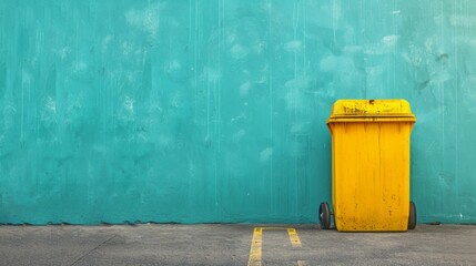 Yellow Trash Can Against Blue Wall
