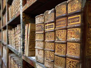Ornate Leather-Bound Books on Shelves in an Old World Library, classic bookshelf,