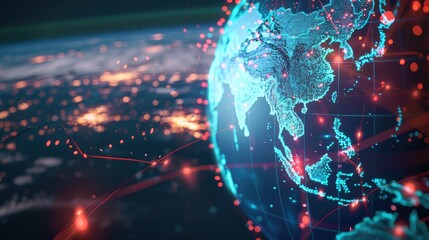 Concept of global network and connectivity on Earth, centered on South-East Asia.  Data transfer and cyber technology, information exchange and international telecommunication.	