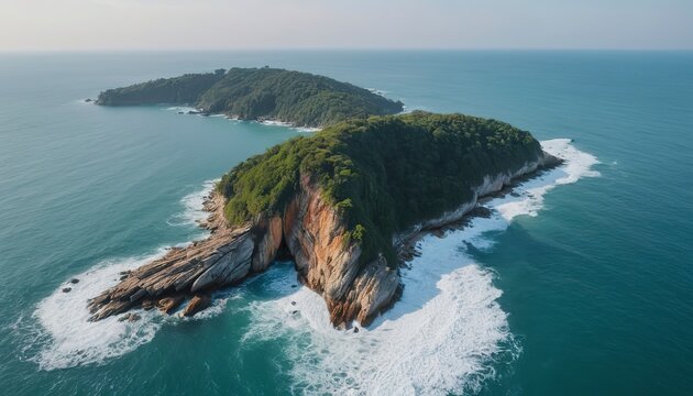 Aerial view of sea waves crashing on rocks cliff in the blue ocean. Top view of coastal rocks in Phuket ocean