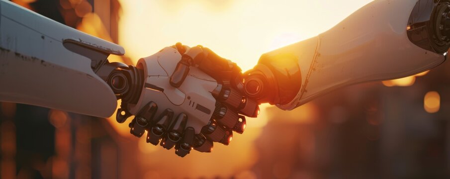 The dramatic backlight throws a human and humanoid robot handshake into relief highlighting a future of coexistence