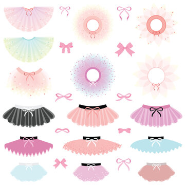 Pretty cute tutu ballet skirt,  clothes for ballerina. Pink, white, black tutu, flat illustrations. Little ballet dancer soft colors tutu with little bow,classical ballet skirts. Clothing set for girl