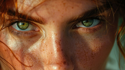 Close-up of a young woman's freckled face.