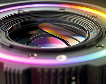 Detailed view of the interface between lens elements and aperture blades with colorful lighting accentuating the optical craftsmanship