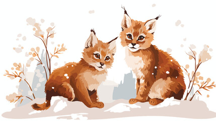 A pair of playful lynx kittens frolicking in a snow