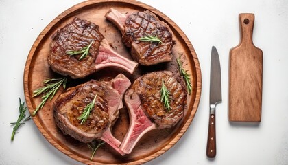 BBQ Roasted chops steaks of  lamb, mutton in a wooden plate.  Isolated on white background