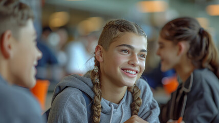 Obraz premium Teen girl smiling with friends at school