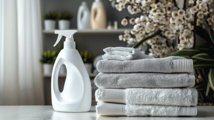 Fototapeta na wymiar A stack of folded towels and a bottle of fabric freshener, creating a fresh laundry scene.