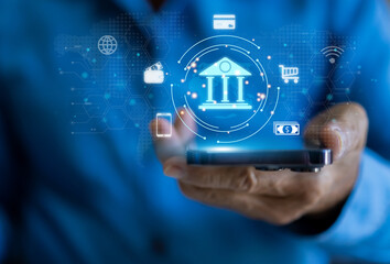Human use smartphone with online banking digital technology, mobile banking, shopping, payment, finance, bank, withdraw money, account, transfer, credit card, financial and global business online