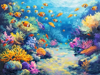 Colorful coral reef with schools of tropical fish in a serene underwater setting.