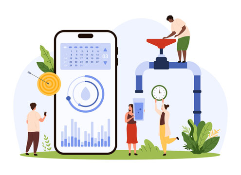 Drink water and hydration mobile app for phone. Tiny people using reminder software, smart application with calendar and graphs, pouring water from tap to stay hydrated cartoon vector illustration
