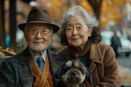 Portrait Of A Happy Elderly Asian Family With A Small Dog, Elegant Old Man And Woman With A Dog