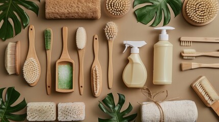 An array of eco-friendly cleaning products, featuring bamboo brushes and recycled packaging.