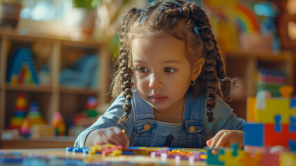 Young girl playing with puzzle indoors.