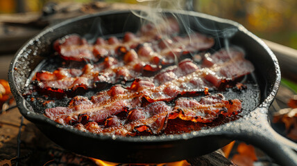 Sizzling bacon in a skillet
