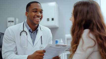 A male doctor in white coats and stethoscope is talking to a patient in an examination room. The happy black doctor informs a good news about test result to a happy black woman. - obrazy, fototapety, plakaty