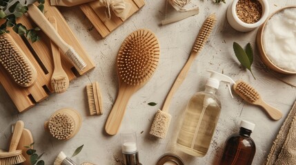 An array of eco-friendly cleaning products, featuring bamboo brushes and recycled packaging.