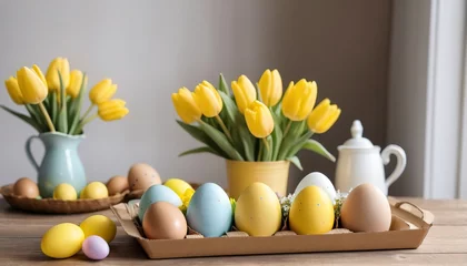 Foto op Plexiglas Cardboard tray with Easter eggs on a wooden table next to a bouquet of yellow tulips and Easter decor © Calin