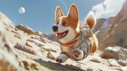 A delighted corgi wearing a space suit explores a Mars-like landscape with a backdrop of Earth rising in the sky.