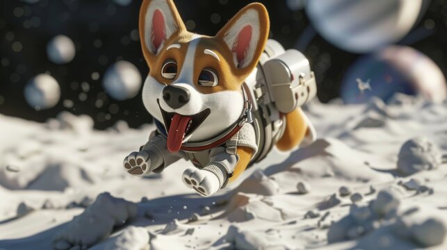 An exuberant corgi in a space suit joyfully bounds across a moon's surface with Earth and asteroids in the background.