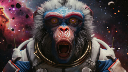 An animated baboon astronaut with a dramatic expression yells in space, set against a vivid backdrop of nebulae and stars.