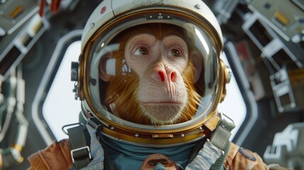 An inquisitive macaque astronaut is attentively checking out the cabin of a space shuttle, ready for an interstellar journey.