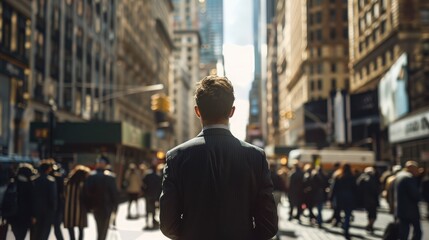 A businessman in a suit looking contemplative while standing in a city square, surrounded by tall buildings and bustling crowds.
