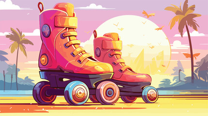 A pair of roller skates with colorful wheels poised