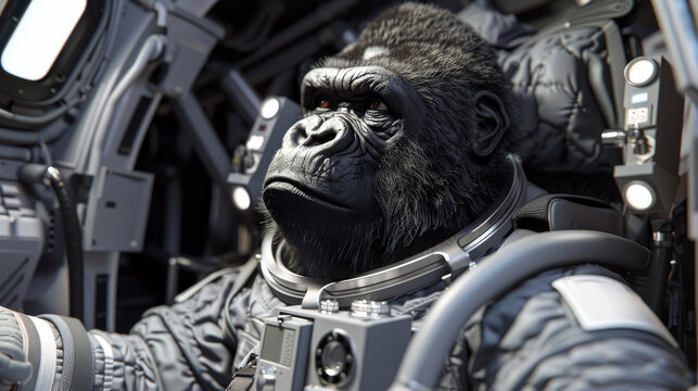 A gorilla astronaut exhibits concentration while piloting a space shuttle, surrounded by the complex controls and mechanisms of the cockpit. - Powered by Adobe
