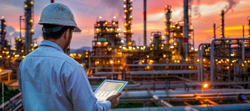 Poster engineer in safety helmet checking data at oil refinery complex with dynamic sky