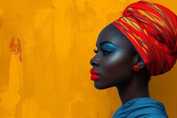 A close-up portrait of the face of a fashionable African woman in a colored headdress