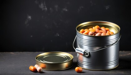 Closed tin can with canned food. On black rustic background - obrazy, fototapety, plakaty
