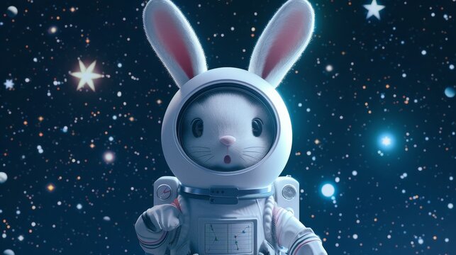 An enchanting image of an adorable bunny astronaut with oversized ears floating serenely against a backdrop of a star-filled outer space.