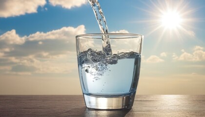 Cold drinking water in a glass help prevents Heat Stroke disease on sunshine, sky and clouds background - obrazy, fototapety, plakaty