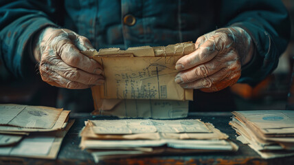 Elderly person examining old documents.