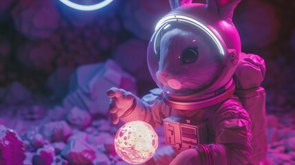 Fototapeta premium In a surreal space environment, a rabbit astronaut marvels at a holographic projection of the moon, illuminated in vibrant hues.