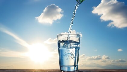 Cold drinking water in a glass help prevents Heat Stroke disease on sunshine, sky and clouds background