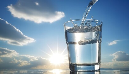 Cold drinking water in a glass help prevents Heat Stroke disease on sunshine, sky and clouds background
